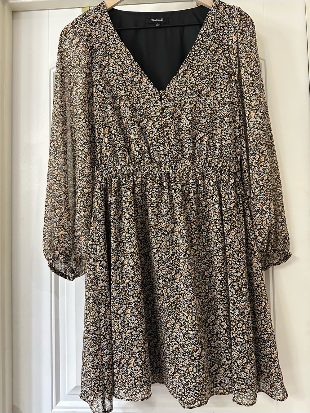 Madewell Georgette Button-Front Mini Black Floral Print Dress Size Small EUC - Picture 2 of 5